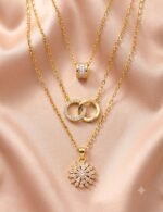 3pcs Fashionable & Luxurious Double-Ring Pendant Necklace Set With Cubic Zirconia Inlaid Flowers, Stainless Steel Chain