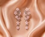 Gold Plated Nude Pink Cubic Zirconia Long Drop Flower Earrings for Women Wedding
