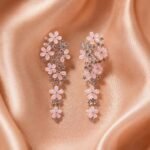 Gold Plated Nude Pink Cubic Zirconia Long Drop Flower Earrings for Women Wedding
