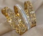18K Gold Plated Stainless Steel Elegant Floral Bangle Set For Women - Vintage Carved & Cutout Flower Cuff Bracelets, Mom Gift, Teacher Gift, Summer Travel Beach Jewelry, Boho Jewelry, Rave/Prom/Party/Daily Accessories, Back To School Gift, Birthday Gift, Bridesmaid Gifts, Pride Accessories