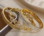 18K Gold Plated Stainless Steel Elegant Floral Bangle Set For Women - Vintage Carved & Cutout Flower Cuff Bracelets, Mom Gift, Teacher Gift, Summer Travel Beach Jewelry, Boho Jewelry, Rave/Prom/Party/Daily Accessories, Back To School Gift, Birthday Gift, Bridesmaid Gifts, Pride Accessories - Image 2