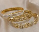 18K Gold Plated Stainless Steel Elegant Floral Bangle Set For Women - Vintage Carved & Cutout Flower Cuff Bracelets, Mom Gift, Teacher Gift, Summer Travel Beach Jewelry, Boho Jewelry, Rave/Prom/Party/Daily Accessories, Back To School Gift, Birthday Gift, Bridesmaid Gifts, Pride Accessories - Image 3