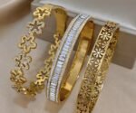 18K Gold Plated Stainless Steel Elegant Floral Bangle Set For Women - Vintage Carved & Cutout Flower Cuff Bracelets, Mom Gift, Teacher Gift, Summer Travel Beach Jewelry, Boho Jewelry, Rave/Prom/Party/Daily Accessories, Back To School Gift, Birthday Gift, Bridesmaid Gifts, Pride Accessories - Image 4