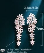 Gold Plated Nude Pink Cubic Zirconia Long Drop Flower Earrings for Women Wedding - Image 2