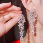Gold Plated Nude Pink Cubic Zirconia Long Drop Flower Earrings for Women Wedding