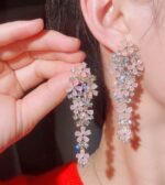 Gold Plated Nude Pink Cubic Zirconia Long Drop Flower Earrings for Women Wedding