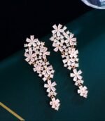 Gold Plated Nude Pink Cubic Zirconia Long Drop Flower Earrings for Women Wedding - Image 4