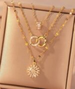 3pcs Fashionable & Luxurious Double-Ring Pendant Necklace Set With Cubic Zirconia Inlaid Flowers, Stainless Steel Chain