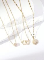 3pcs Fashionable & Luxurious Double-Ring Pendant Necklace Set With Cubic Zirconia Inlaid Flowers, Stainless Steel Chain - Image 2
