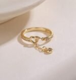 Creative Hollow Heart Shaped Tasseled Gold-Plated Cubic Zirconia Adjustable Open Ring, Jewelry Gift With Box For Daily Wear, Party. Style: Elegant Occasion: Daily Element: Heart Gender: Women Material: Copper - Image 2