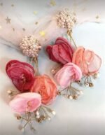 Handmade Wavy Cloth & Faux Pearl Decor Flower Earrings - Image 3