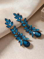 Emerald Green Crystal Leaf Drop Earrings (available in navy blue color) - Image 4