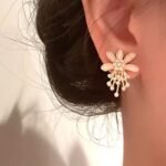 Stud Earrings - Flower & Faux Pearl Decor