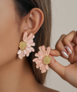 Bold Floral Earrings - in white and peach colors - Image 6
