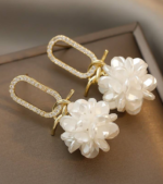 White Floral Pearl Dangle Earrings - Image 3