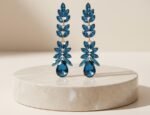 Emerald Green Crystal Leaf Drop Earrings (available in navy blue color) - Image 5