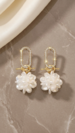 White Floral Pearl Dangle Earrings