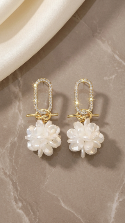 White Floral Pearl Dangle Earrings
