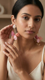 Handmade Wavy Cloth & Faux Pearl Decor Flower Earrings - Image 2