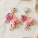 Handmade Wavy Cloth & Faux Pearl Decor Flower Earrings