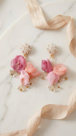 Handmade Wavy Cloth & Faux Pearl Decor Flower Earrings