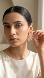 Bold Floral Earrings - in white and peach colors - Image 2