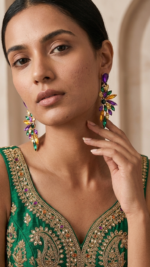 Vibrant Purple, Green & Yellow Statement Earrings - Image 2