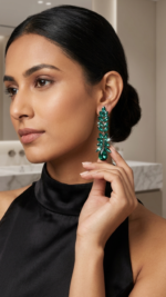 Emerald Green Crystal Leaf Drop Earrings (available in navy blue color) - Image 2