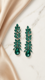 Emerald Green Crystal Leaf Drop Earrings (available in navy blue color) - Image 3